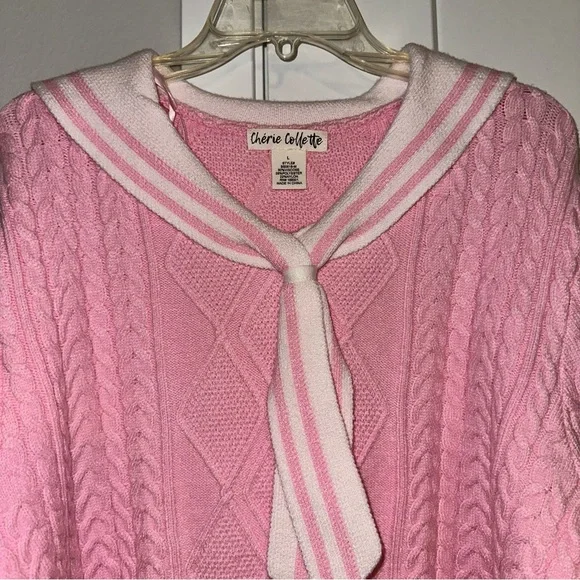 NWT Chérie Collette Pink Cable Knit Sweater with Sailor Collar L - Picture 2 of 3